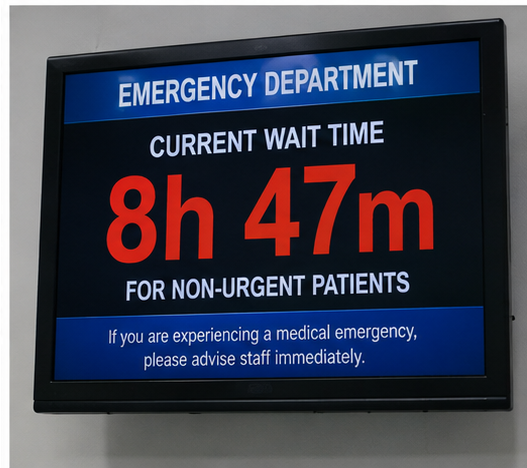 Emergency department monitor displaying an 8 hour 47 minute wait time